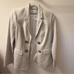 Calvin Klein Linen Blend Double-Breasted Blazer | Neutral Beige | Size 2P